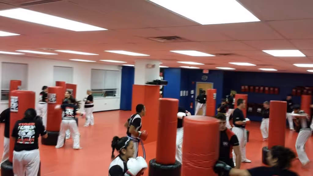 Adults team Training with punching bags at Tiger Schulmann's Stamford