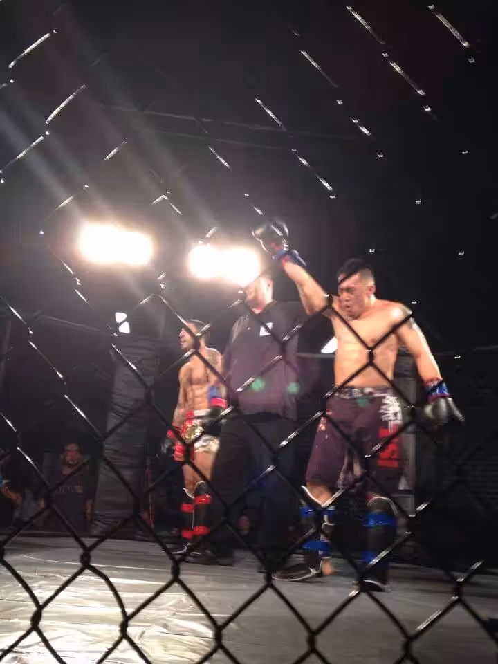 Referee raises hand of the winner Tiger Schulmann's fighter in ring