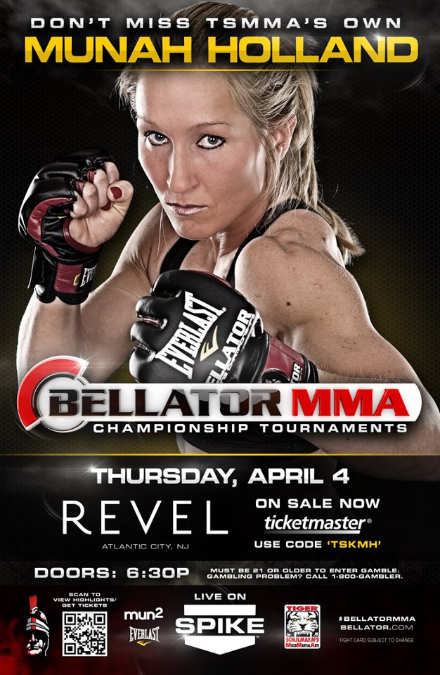 A female MMA fighter with her fists up on a Bellator event poster