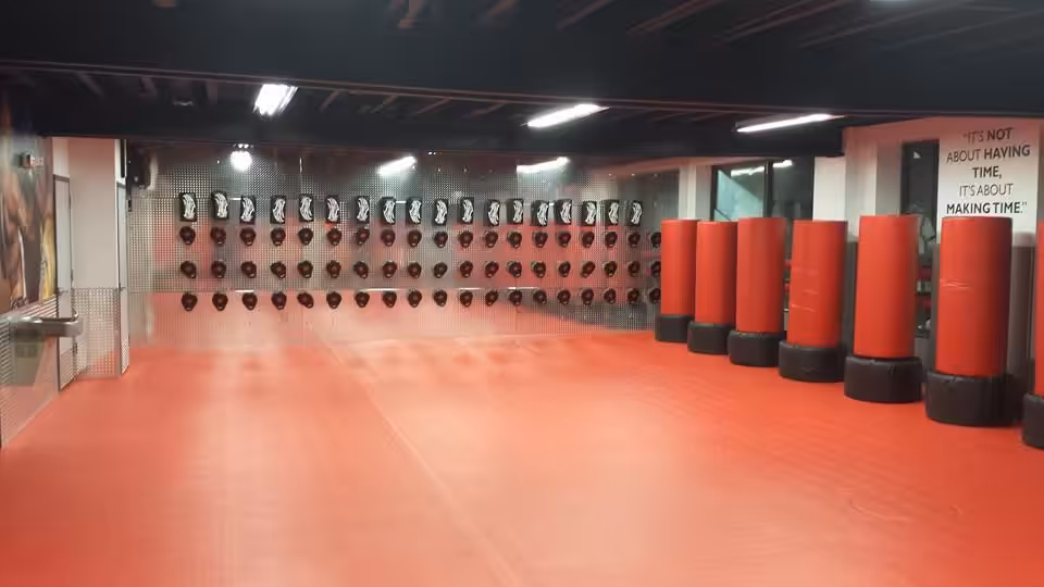 Tiger Schulmann's Martial Arts studio with red floor and punching bags