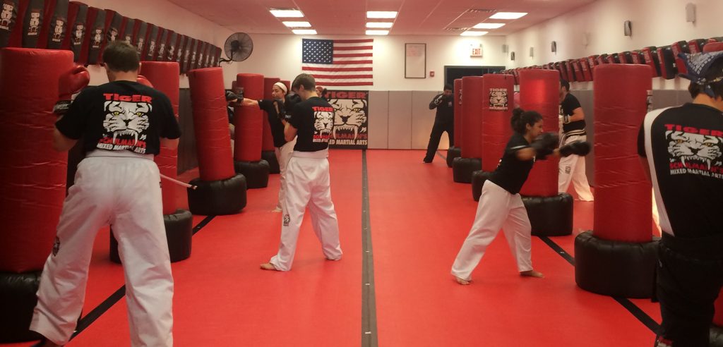 Adults kickboxing Training with punching bags at Tiger Schulmann's gym