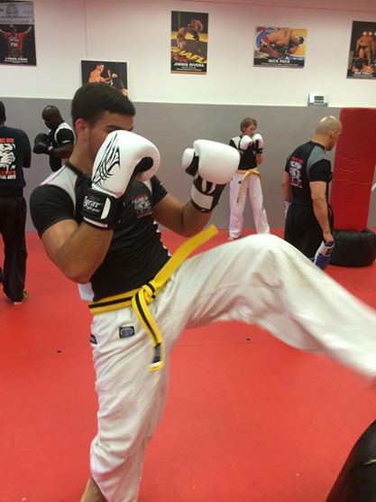 MMA fighter practices Kicking at Tiger Schulmann's gym