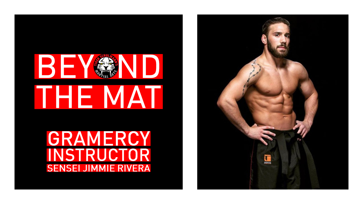 Tiger Schulmann's Martial Arts fighter Jimmie Rivera beyond the mat banner