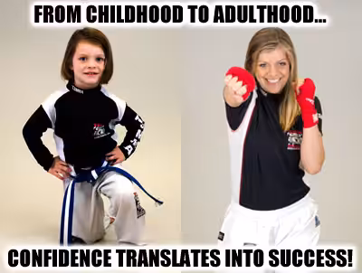 A little girl and a grown woman fighters with motivational quote