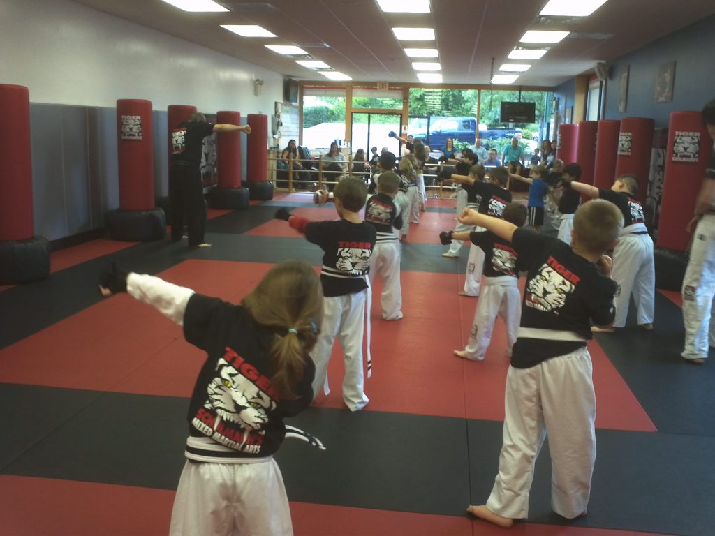Kids on fighting pose with their instructor at Tiger Schulmann's