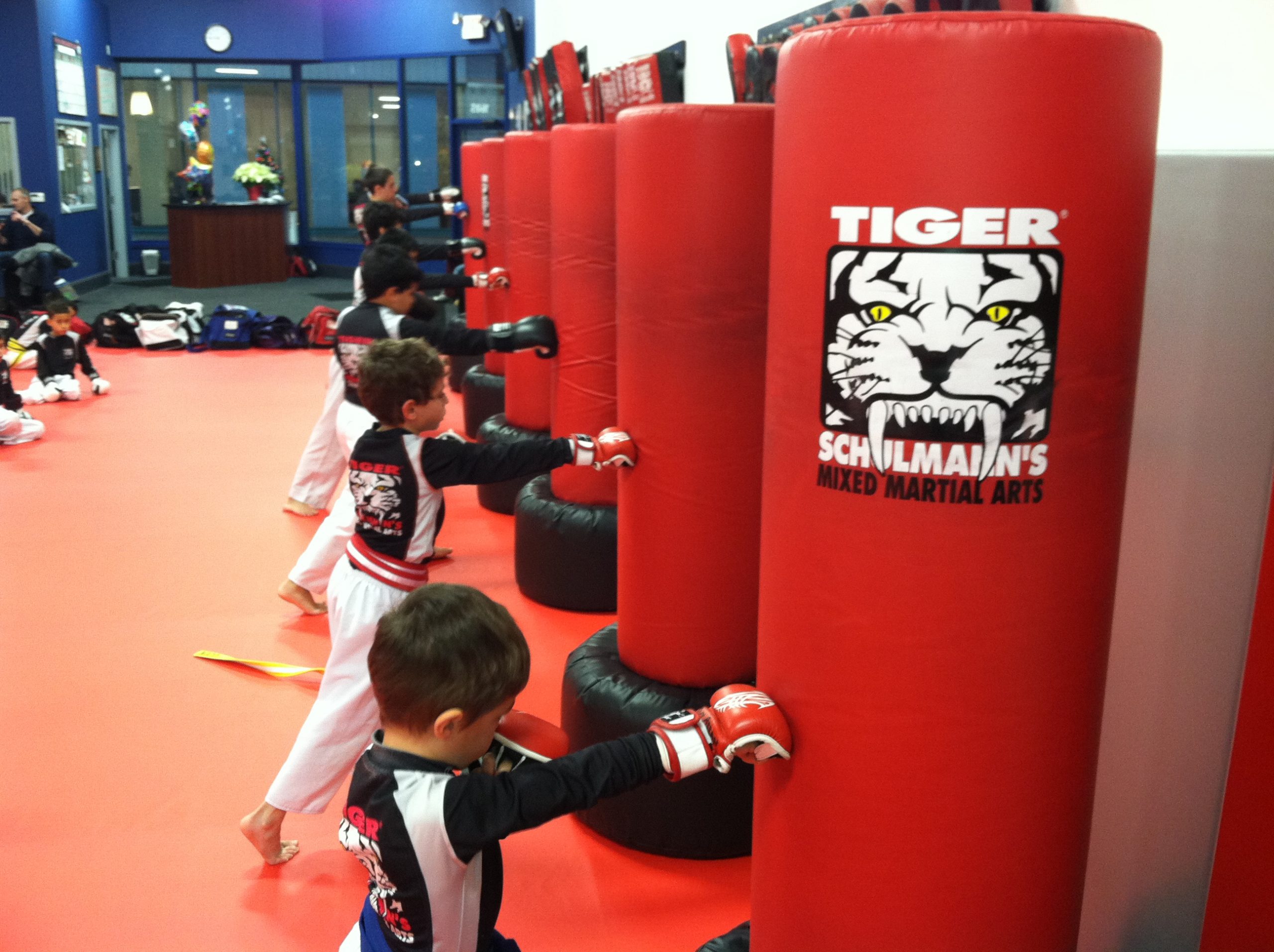 Children Punching red bags at Tiger Schulmann's Wayne