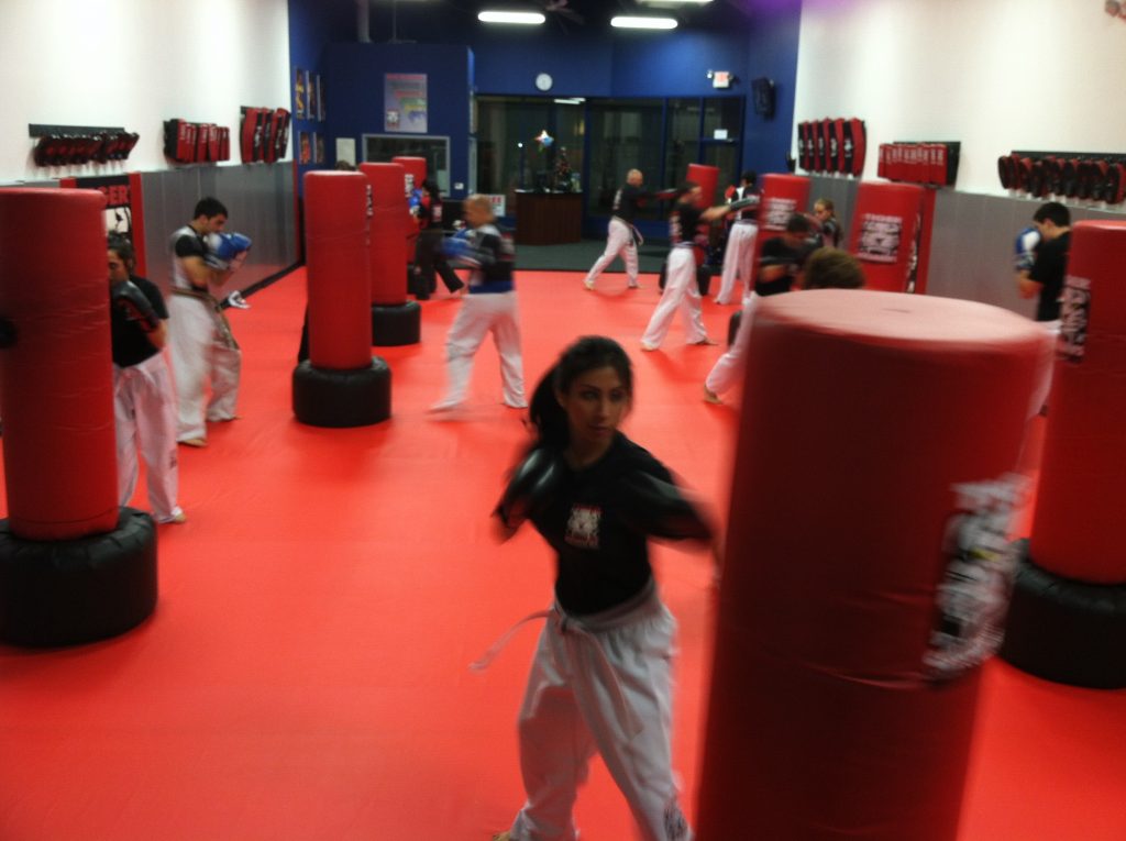 Adult team kickboxing training with punching bags at Tiger Schulmann's