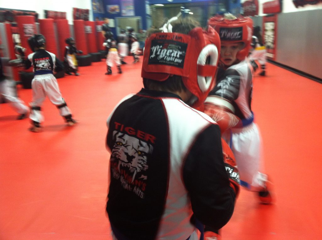 Two boys sparring at Tiger Schulmann's Wayne
