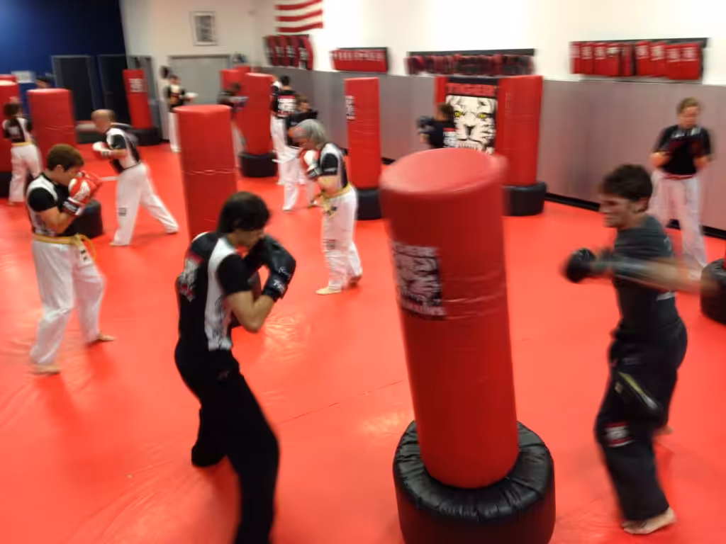 Adult team kickboxing training with punching bags at Tiger Schulmann's
