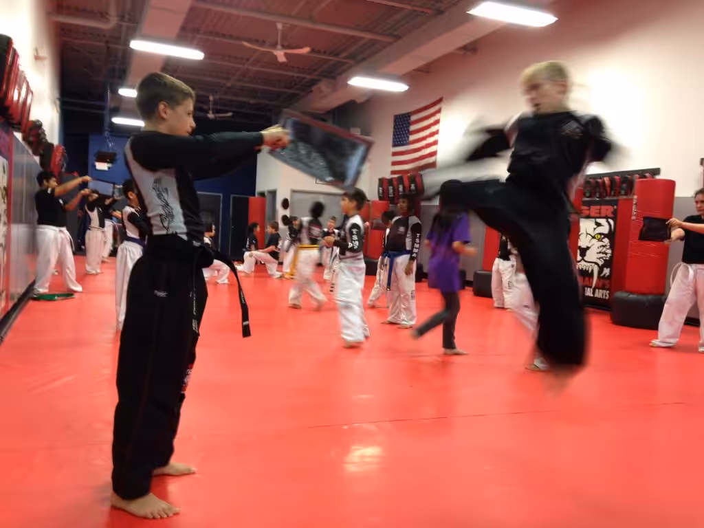 Boy Kicking with other kids training in the gym at Tiger Schulmann's