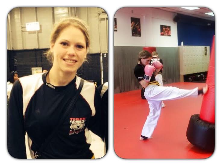 Tiger Schulmann's Martial Arts fighter Sarah posing and kicking a bag