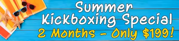 Summer Kickboxing blue Banner with white and yellow letters