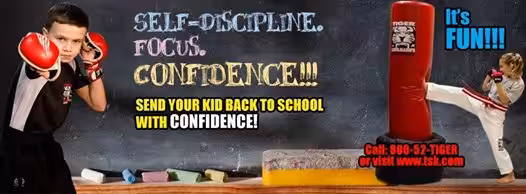 Self Defense Banner with kids in fighting stance and punching a bag
