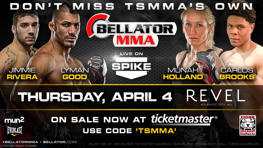 Three male and one female MMA fighter on a Bellator event poster