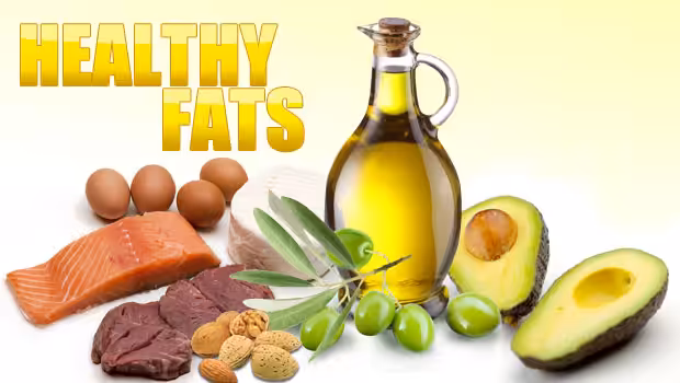 Olive oil kiwi eggs fish almond with healthy fats sign