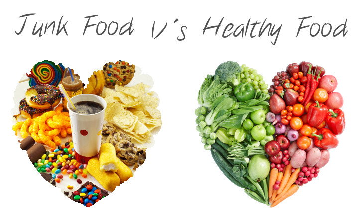 Junk Food snacks and sodas vs Healthy Food fruits and vegetables