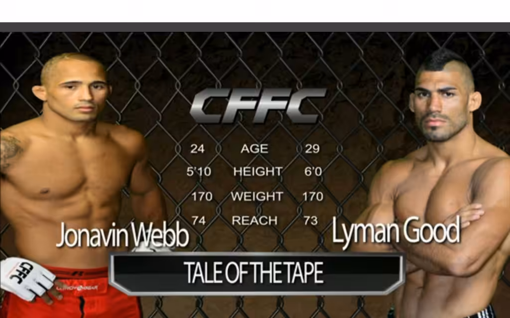 Tale of the Tape CFFC banner with Jonavin Webb and Lyman Good and stats