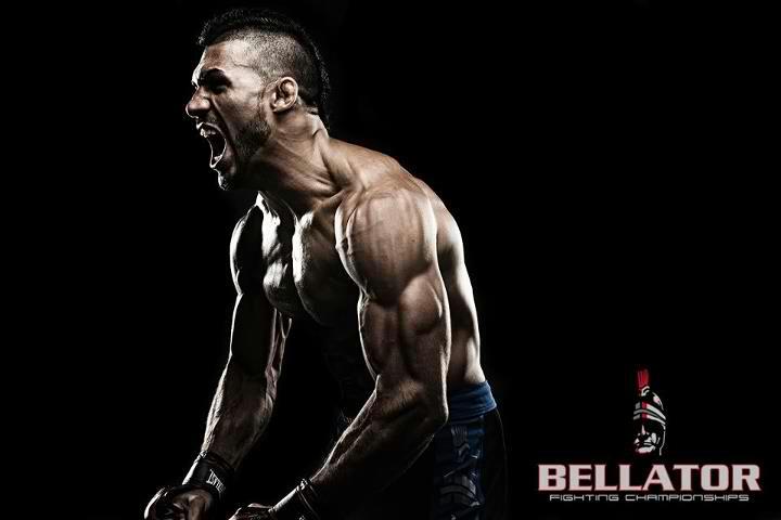 Man Shouting and flexing muscles in Bellator championship poster