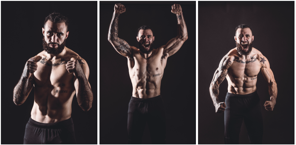 Sequence of three shots of Shane with his fists in the air and then flexing for Tiger Schulmann's Born and Bred campaign