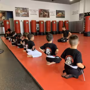 Kids sitting on their knees and listening to martial arts instructor in Glendale
