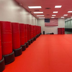A gym with red floor and red punching bags at Tiger Schulmann's Nanuet