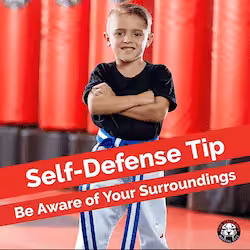 A boy with hands crossed on a self-defense poster