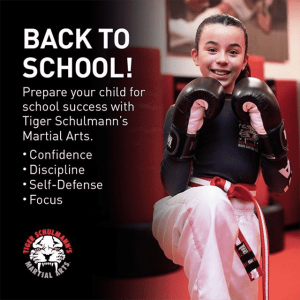 Little girl with gloves on a martial arts for kids ad