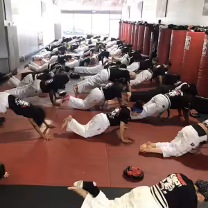 Big group of adults doing push ups at Tiger Schulmann's Rockville