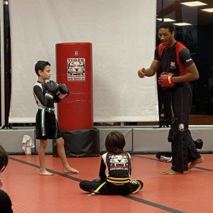 Martial arts instructor and two boys working out