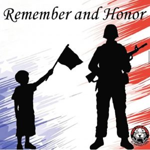 Silhouettes of a soldier and a boy with the flag background