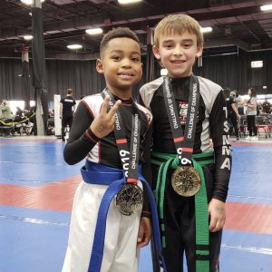 Two boys showing their medals at the martial arts tournament