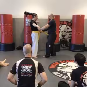 Two martial arts fighters performing exercises while others observing