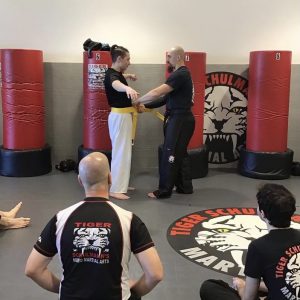 Two martial arts fighters performing exercises while others observing
