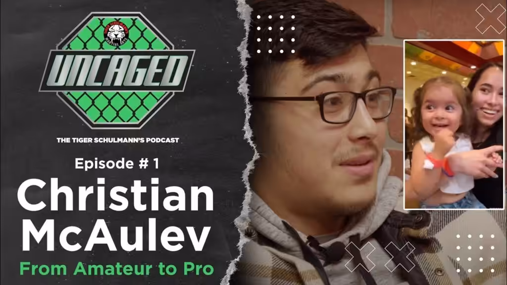 Tiger Schulmann's Uncaged podcast logo with MMA fighter Christian McAuley and his wife and daughter