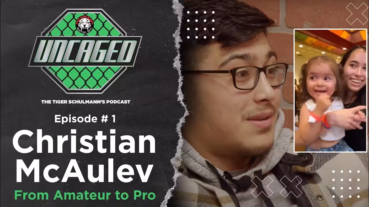 Tiger Schulmann's Uncaged podcast logo with MMA fighter Christian McAuley and his wife and daughter