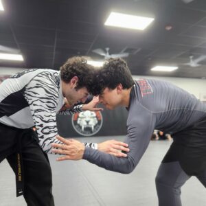 Two young men sparring during the Jiu Jitsu workout at Tiger Schulmann's Martial Arts in Horsham, PA