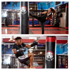Two Kickboxers Working Out With Punching Bags in Tiger Schulmann's Gym